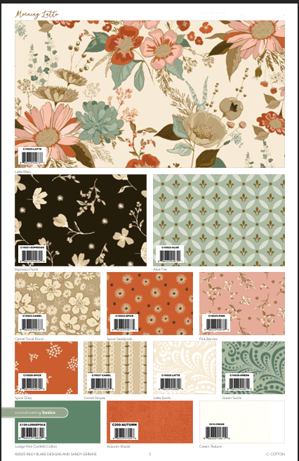 Collection of floral and geometric patterned fabric swatches with barcodes. Morning Latte Collection