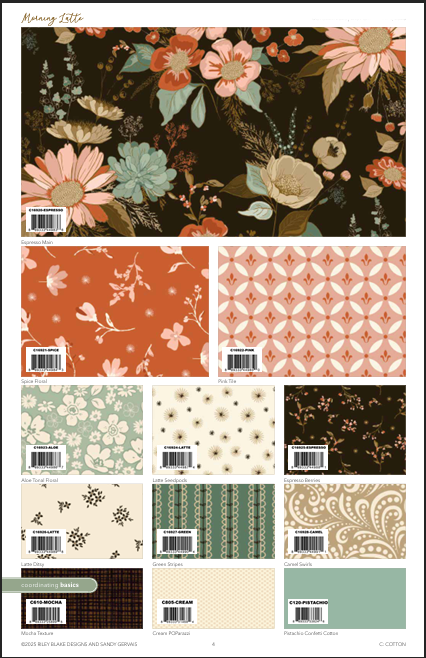Collection of floral and geometric patterned paper sheets with barcodes.  Morning Latte Collection