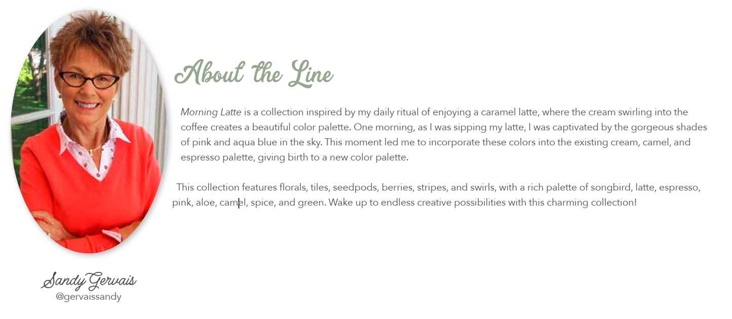 Sandy Gervais in a red sweater and glasses with text about a color collection inspired by a cappuccino.  Morning Latte Collection