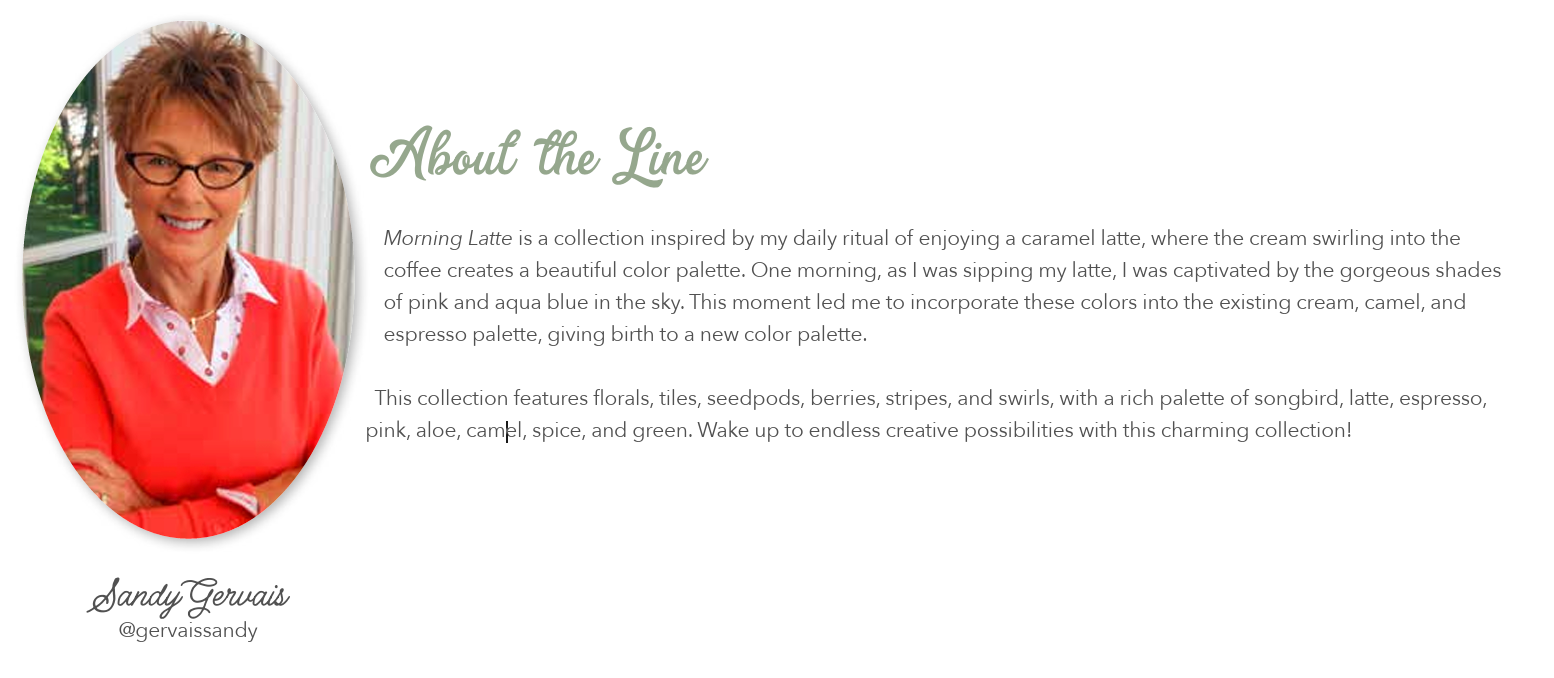 Sandy Gervais in a red sweater and glasses with text about a color collection inspired by a cappuccino.  Morning Latte Collection