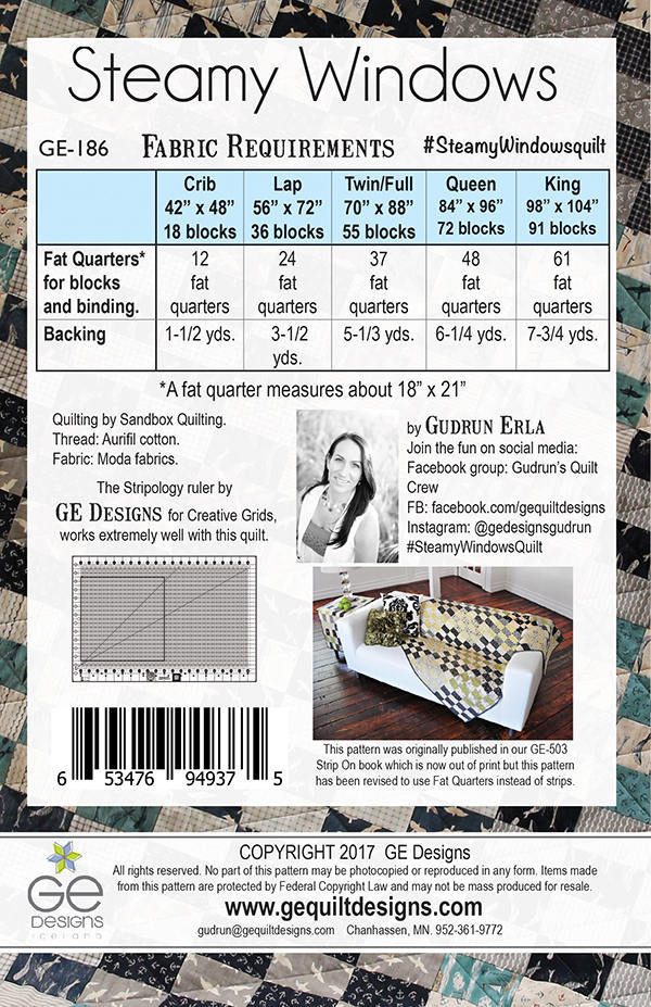 GE Designs Steamy Windows Fat Quarter Quilt Pattern 186 — Windowed Design, Multiple Sizes