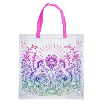 A clear plastic tote bag with bright pink handles and a colorful printed design featuring Pony Tales Artwork, coral, and a sunburst in shades of purple, pink, blue, and green.