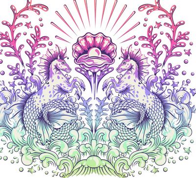 Colorful mermaid illustration with seaweed and shell in a decorative style