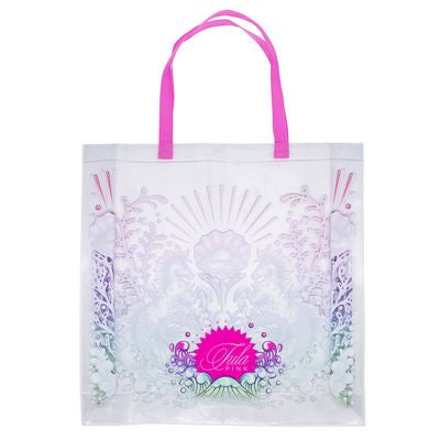 Decorative tote bag with pink handles and floral design on a white background