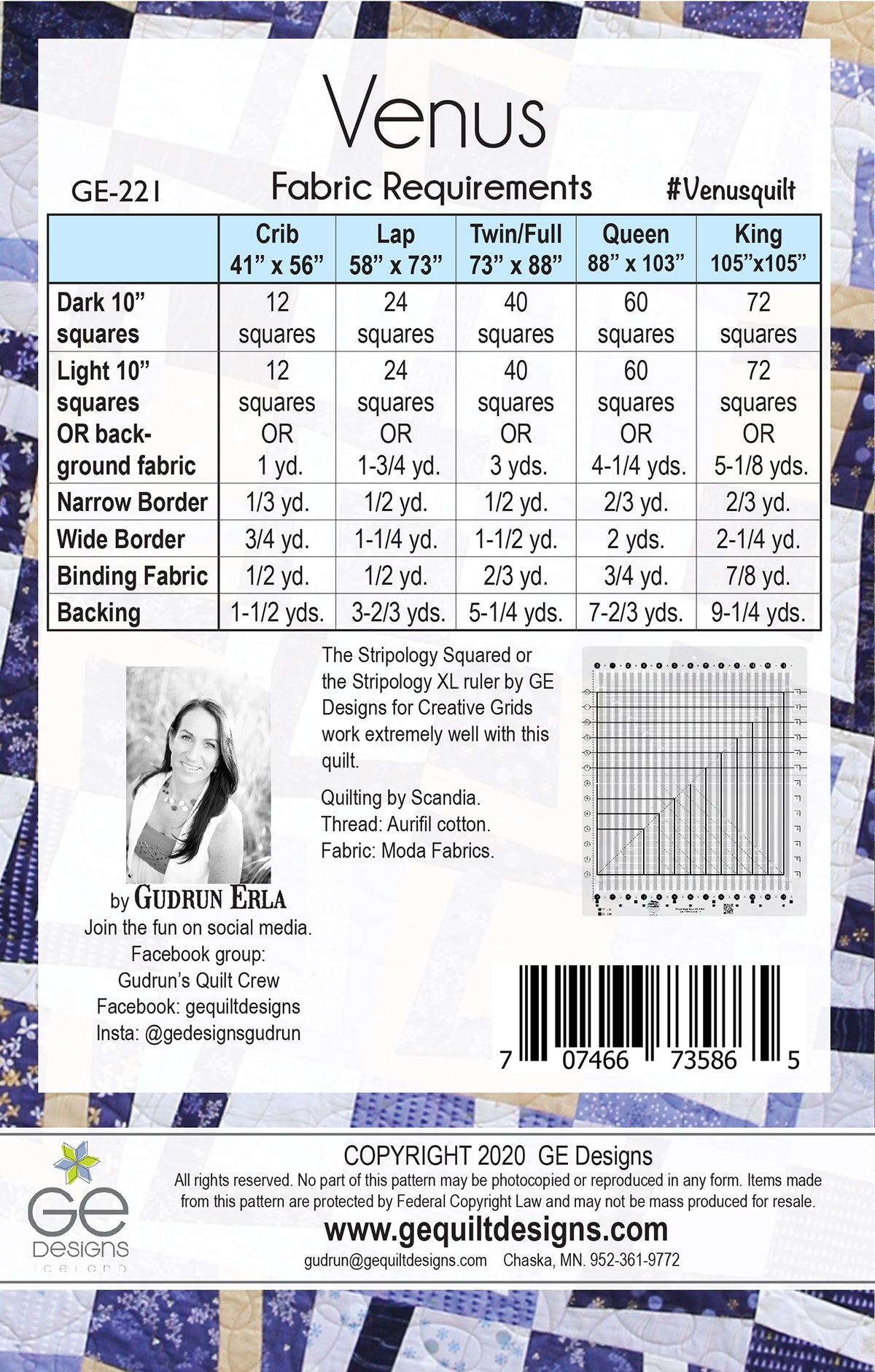 GE Designs Venus 10" Square Quilt Pattern 221 — 4 Layouts, 5 Sizes Including King
