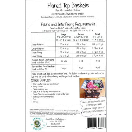 Flared Top Baskets sewing pattern with fabric and interfacing requirements on a white background