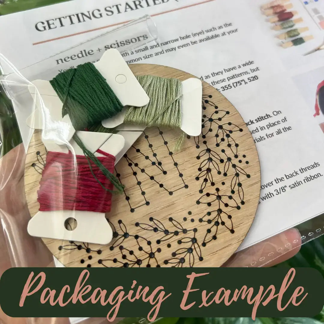 Wooden embroidery hoop with thread and tools on a printed material background, labeled 'Packaging Example'.
