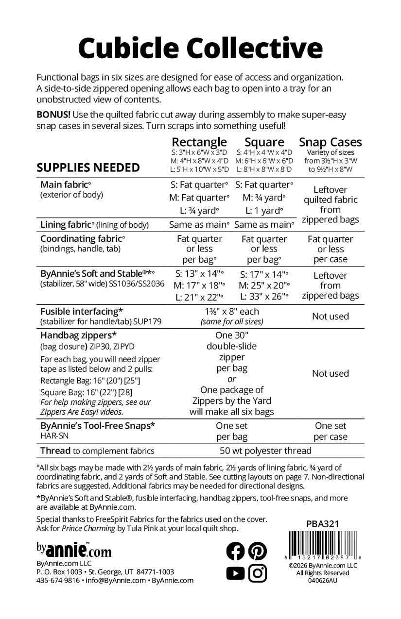 Cubicle Collective product description sheet with fabric requirements and supplies needed for making bags.