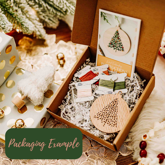 Box of Christmas-themed wooden ornaments with packaging instructions on a festive background.