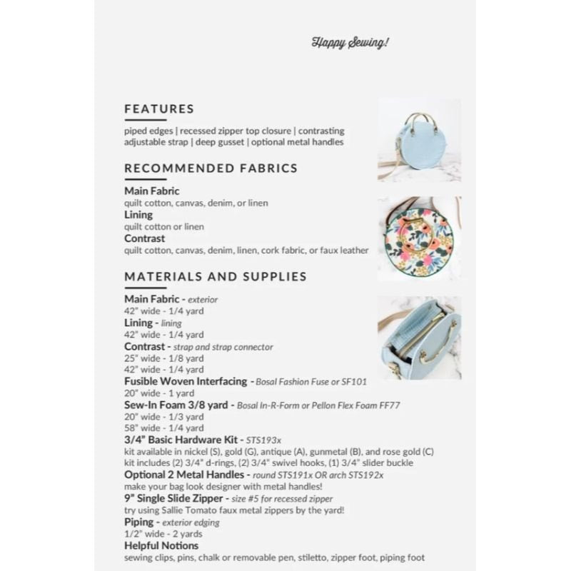 Product description sheet for a sewing project with fabric requirements and materials listed.