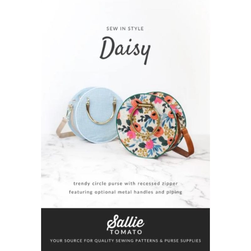 Circular purse with floral design and text about Sew in Style Daisy pattern by Sallie Tomato.