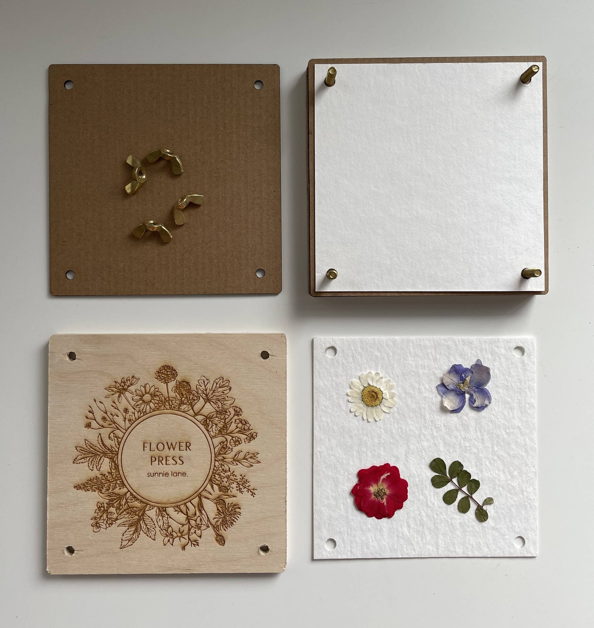 Set of wooden flower press and pressed flowers on a light gray background