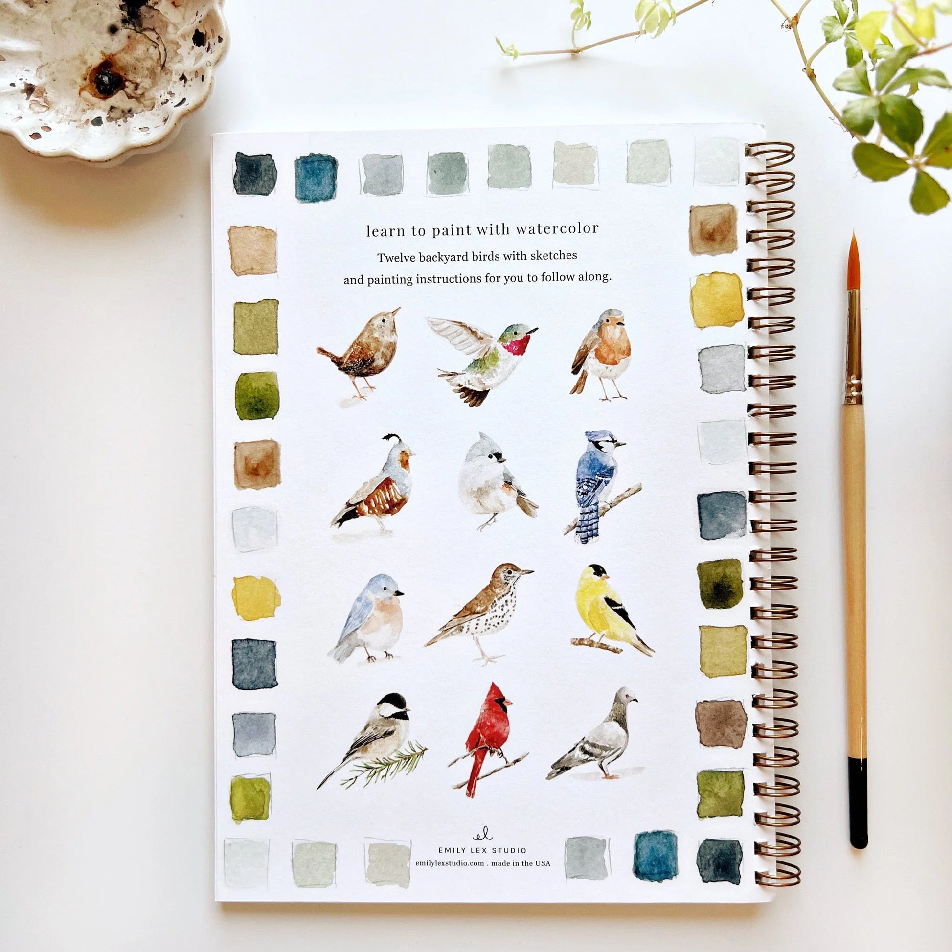 Artistic notebook with watercolor illustrations of birds and color swatches, accompanied by a paintbrush.